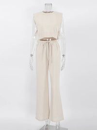 Spring Summer 2025 Women Holiday Linen Pant Set Crop Tops Solid Outfits 2 Two Piece Matching Set For Women