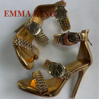 Gold Watch Studded Sandals Open Toe High Heel Ankle Strap Sandals Back Zipper Metal Chain Gladiator Sandals Summer Party Shoes