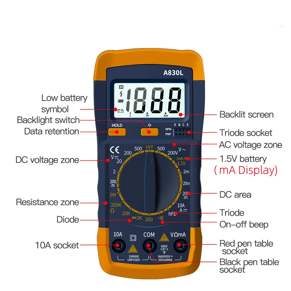 A830L LCD Digital Multimeter AC DC Voltage Diode Freguency Multitester Current Tester Luminous Display with Buzzer Function