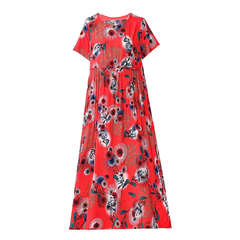 New 2023 Women Summer Dresses Vintage Plus Size Causal O-neck Short Sleeve Floral Vestido Elegant Print Dress