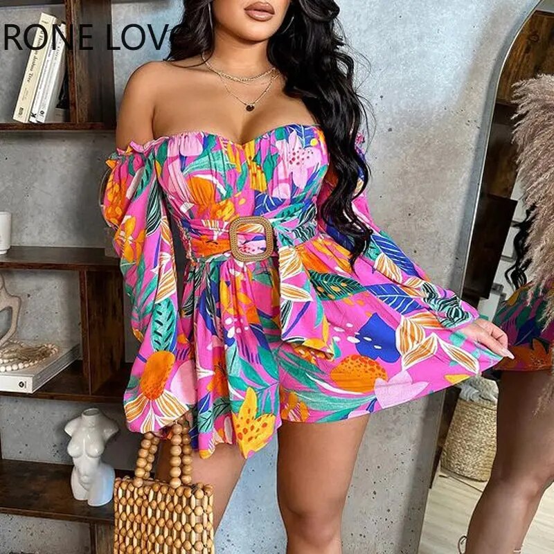 Women Elegant All Over Print Off Shoulder Sexy Long Sleeves Vacation Sexy Romper