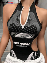 Weird Puss Halter Hollow Bodysuit Woman Summer Backless Straps Zipper Sexy Print Wild Fashion Trend Streetwear Skinny Clubwear