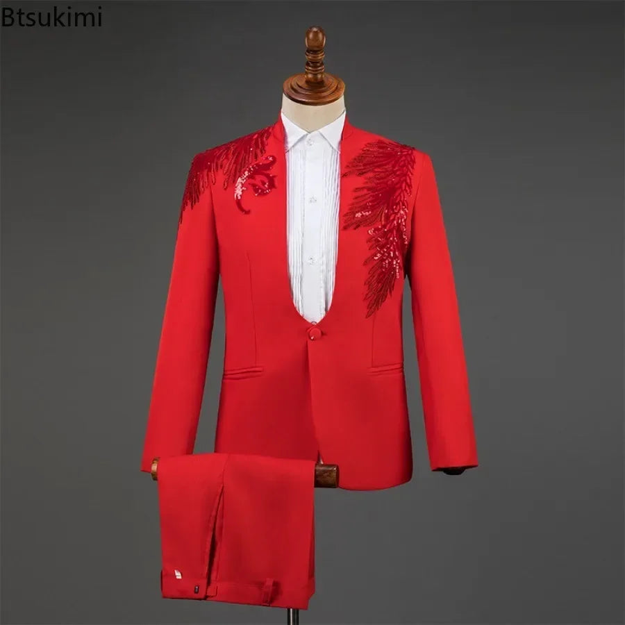 2025 Men's Stage Costume Suit Sets 2PCS Fashion Luxury One Button Sequin Embroidery Suit Jacket+Pants Male Singer Host Clothes