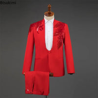 2025 Men's Stage Costume Suit Sets 2PCS Fashion Luxury One Button Sequin Embroidery Suit Jacket+Pants Male Singer Host Clothes