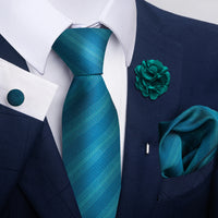 Brand Fashion Luxurious Green Floral Necktie Pocket Square Cufflinks Brooch Set Man Suit Accessories Birthday Present