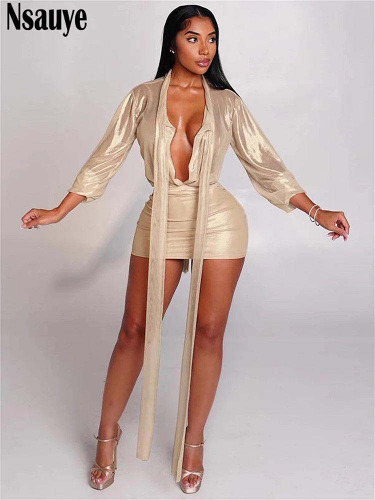 Nsauye Women Skirt Outfits 2 Piece Set Long Sleeve V Neck Blouse Tops Sexy Party Club Wrap Mini Fashion Skirt Set 2025 Autumn