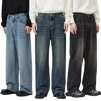 Male Classic America Hip Hop Rap Jeans Wide Leg Youth Popular Jeans Men Straight Leg Retro Loose Trousers Oversized Denim Pants