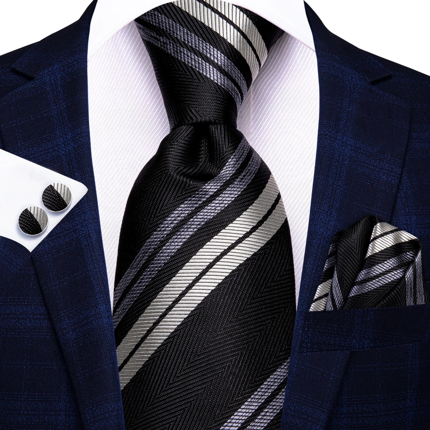 Hi-Tie Fashion 8.5cm Black Grey Floral Mens Elegant Tie Handkerchief Cufflinks Set Wedding Party Accessories Gift for Men Gravat