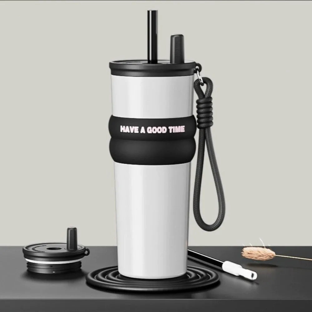 Stainless Steel Vacuum Insulated Bottle Large Caliber Large Capacity Thermal Cup With Straw with Lifting Rope Insulated Cup Car