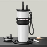 Stainless Steel Vacuum Insulated Bottle Large Caliber Large Capacity Thermal Cup With Straw with Lifting Rope Insulated Cup Car
