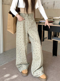 Trendy Vintage Flower Jeans Women High Waist Wide Leg Straight Pants Denim Trousers Green Floral Baggy Pants with Pocket Fashion