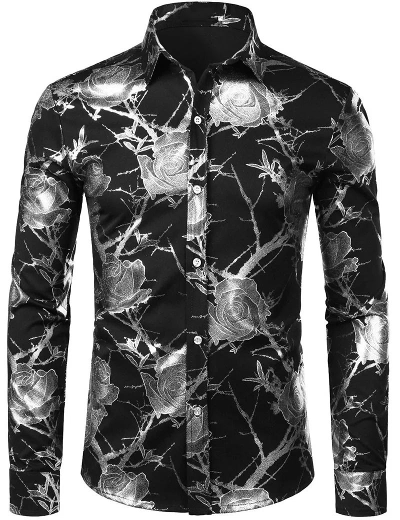 Mens Gold Rose Floral Print Shirts Brand Floral Steampunk Chemise White Long Sleeve Wedding Party Bronzing Camisa Masculina New