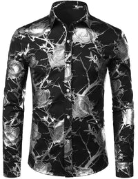 Mens Gold Rose Floral Print Shirts Brand Floral Steampunk Chemise White Long Sleeve Wedding Party Bronzing Camisa Masculina New
