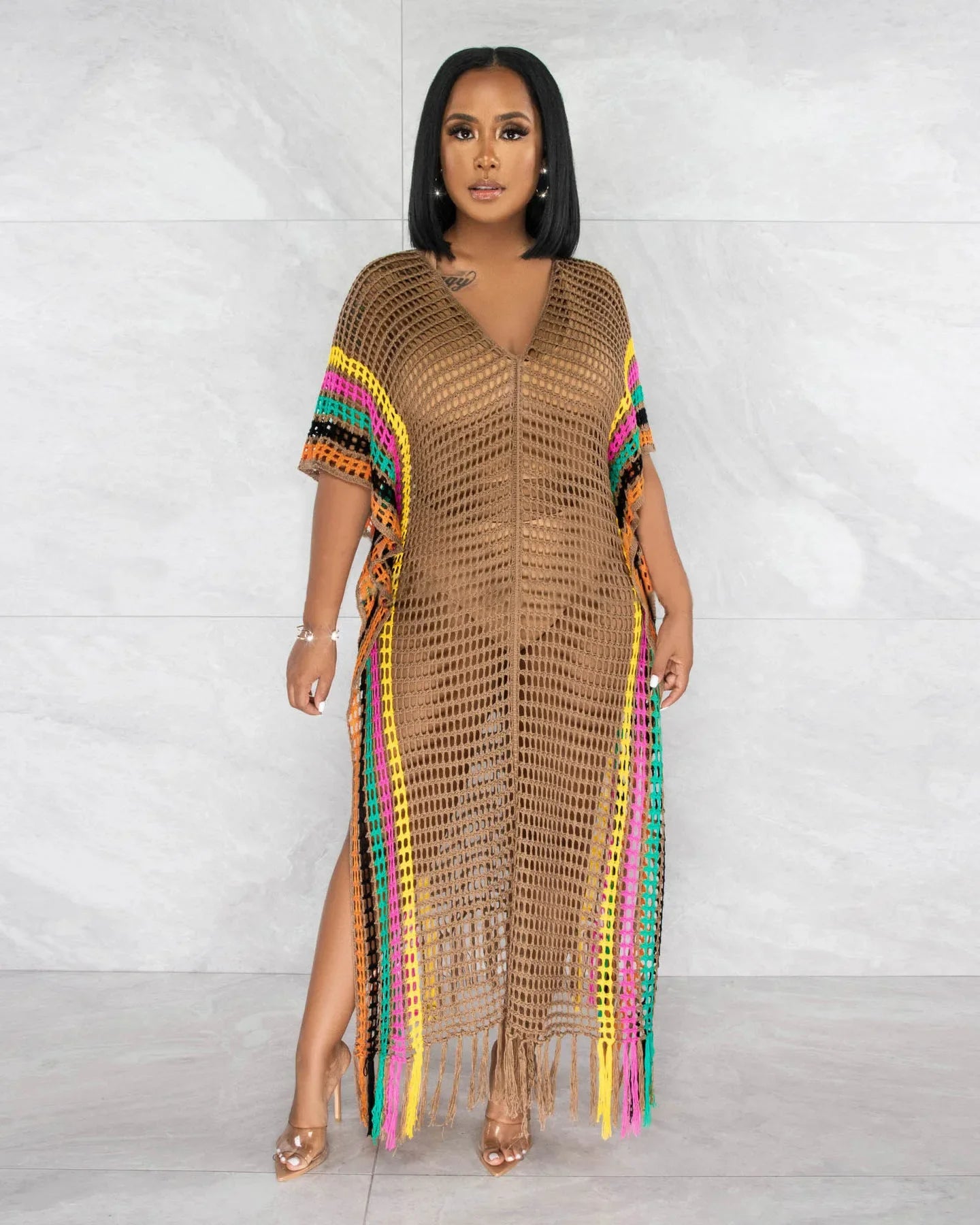 CM.YAYA Vintage Women Striped Crochet Knit Hollow Out V-neck Batwing Sleeve Maxi Long Slim Dress 2023 Sexy Party Evening Dresses