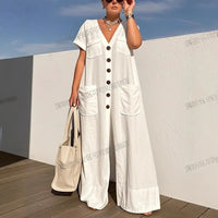 New Summer V-neck Single-breasted Women's Jumpsuits Fashion Pocket Elegant Office Rompers Casual Loose Oversized Women Jumpsuit