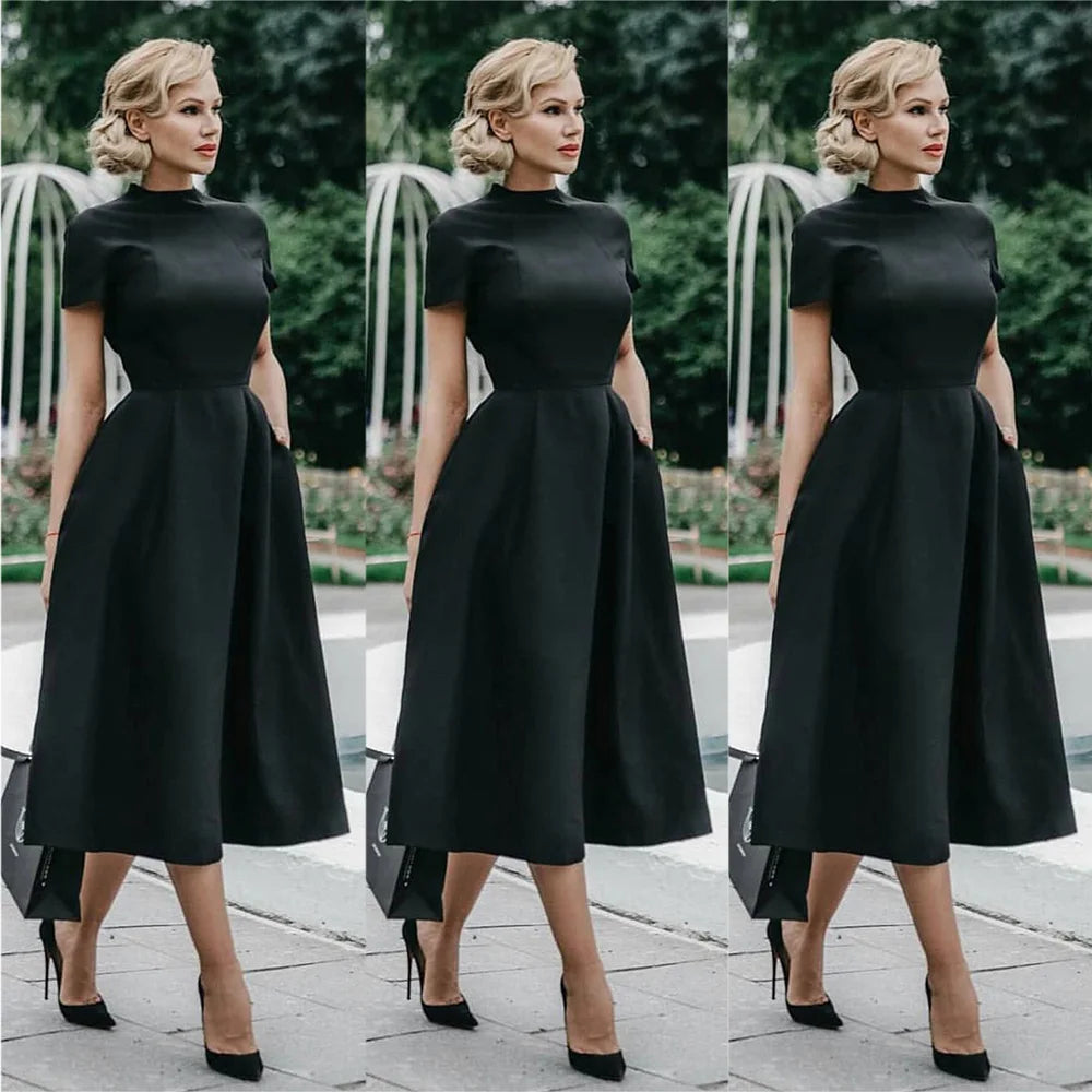 2023 Women Elegant Black Dress Half High Collar High Waist A-Line Dresses Slim Fit Dress Office Lady Female Solid Vestidos