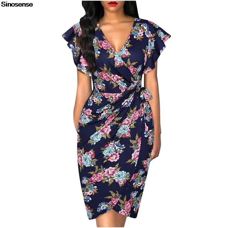 Women Vintage Floral Cocktail Party Dress Sexy V Neck Ruffle Sleeve Ruched Slim Pencil Dress OL Business Work Office Midi Dress