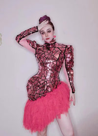 Women Sexy Stage Shining Rose Pink Sequins Mirrors Dress Evening Party Wear Dress Singer Birthday Celebrate Dance Dress