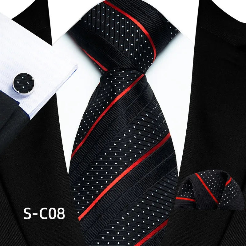 Business Mens Tie Luxury Striped 8cm NeckTie Pocket Square Cufflinks Set For Men Formal Fashion Wedding High Quality Gravata