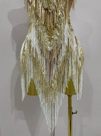 Stock 2025 Women Sexy Stretch Mesh Sparkly Rhinestone Tassels Mini Dress Nightclub Singer Dance Stage Costume Evening Gowns