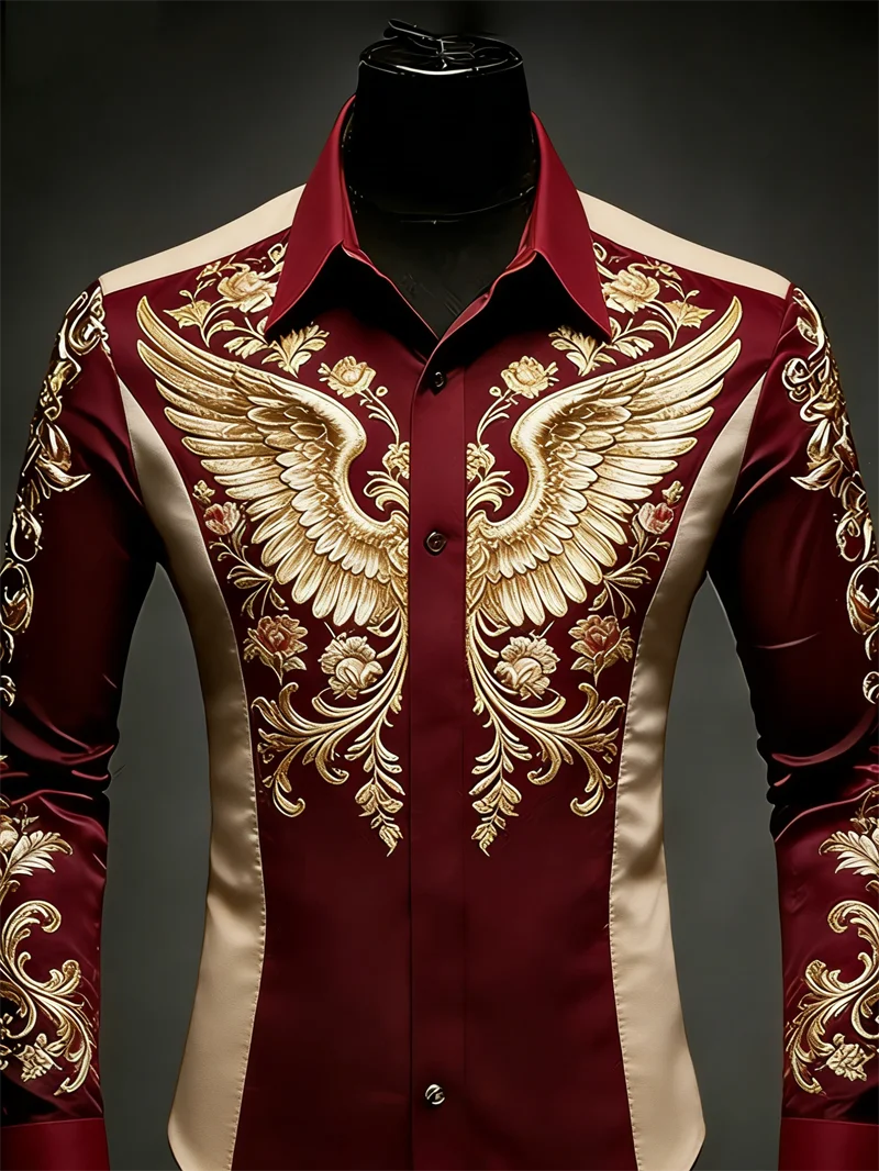 New 10 color men's long sleeved lapel shirt with fashionable 3D floral print and wing pattern long sleeved shirt