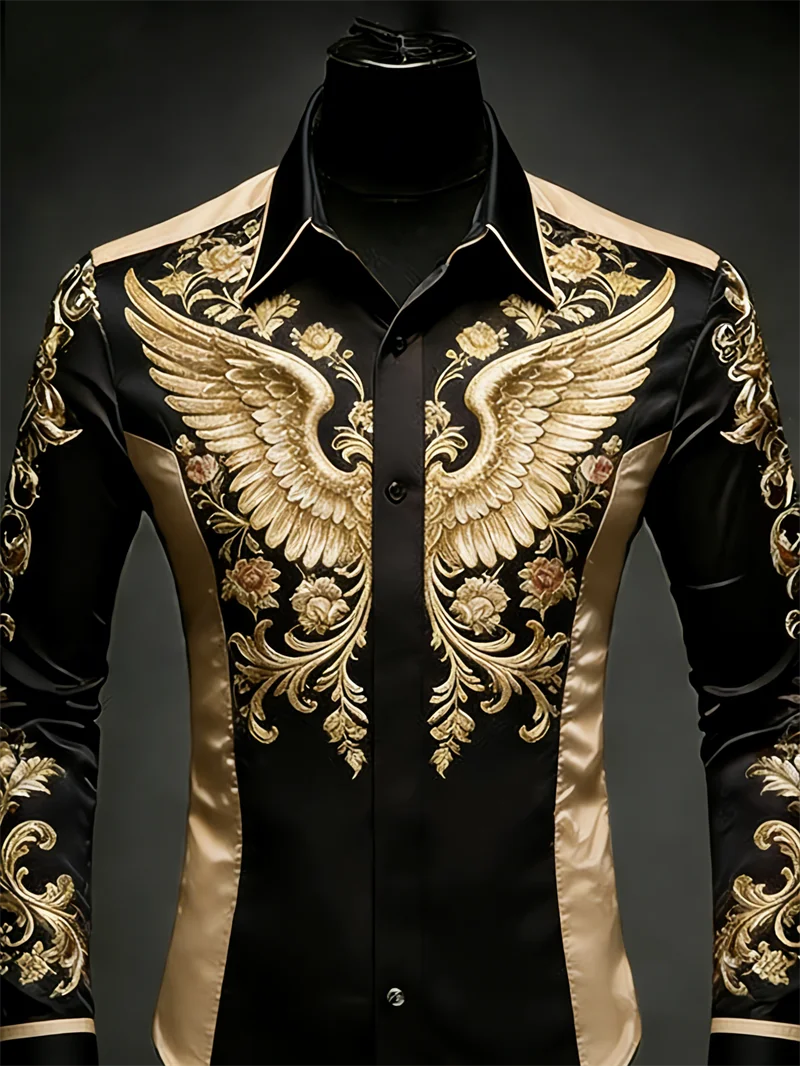New 10 color men's long sleeved lapel shirt with fashionable 3D floral print and wing pattern long sleeved shirt