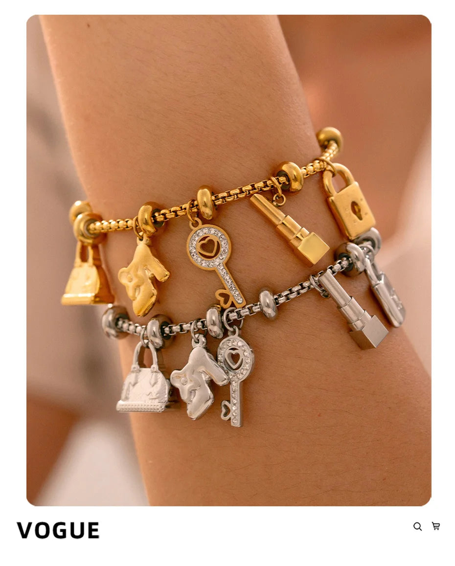 316L Stainless Steel Charm Bracelet For Women 18K Gold Plated Waterproof No Tarnish Women's Multiple Different Pendant Bracelets