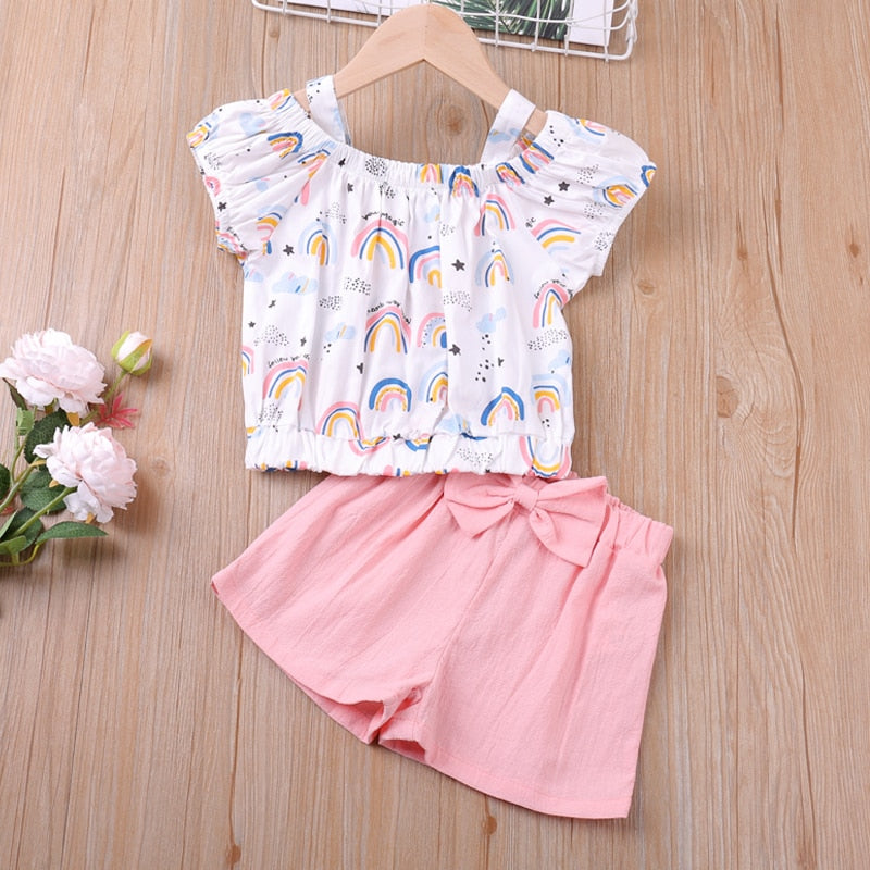 Humor Bear  Summer New Grils Clothes Korean Dot Girl Big Bow T-shirt+ Shorts Children Clothing Set Kids Girls Clothes Suit