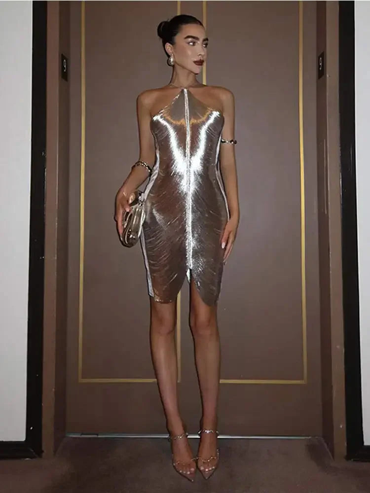 Sexy Hanging Neck Metallic Dress Woman Fashion Sparkling Off Shoulder Backless Dresses 2024 Female Elegant Evening Party Robe