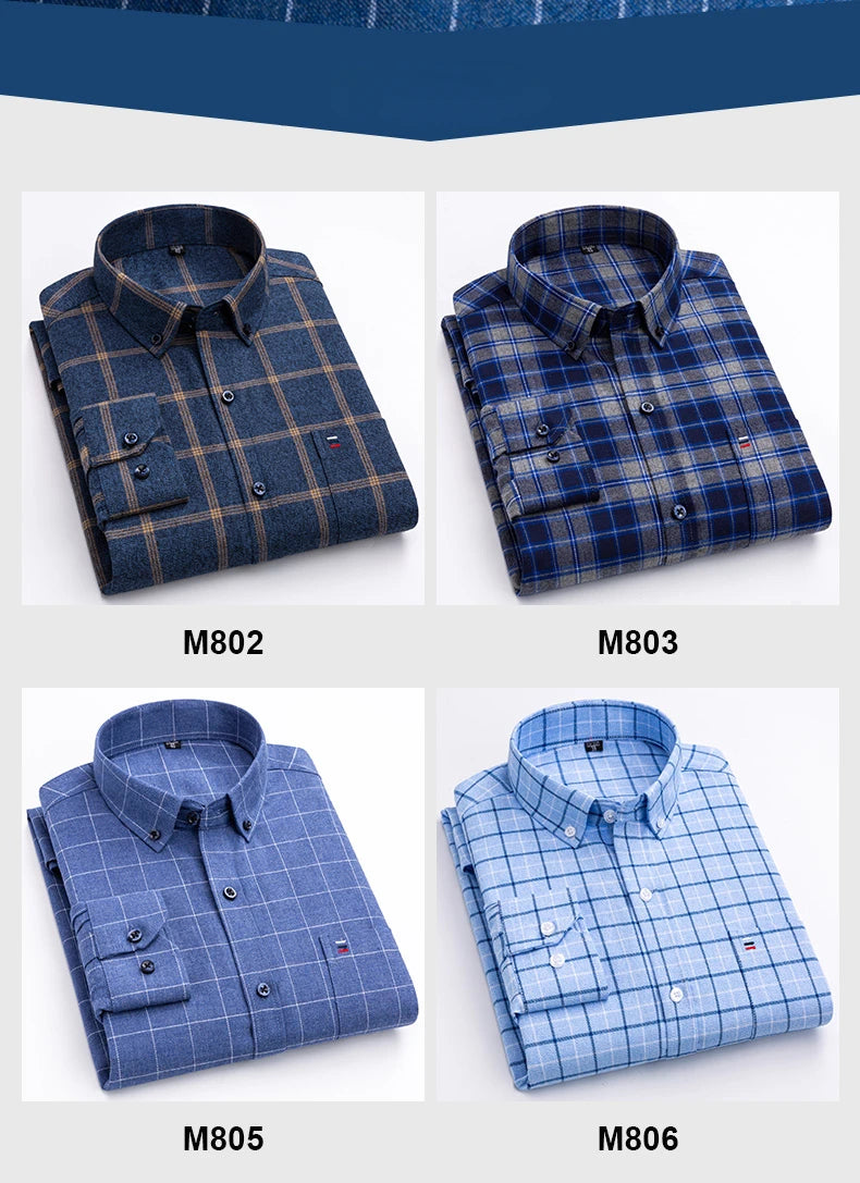 New in shirtplus size 7XL 100%cotton sanding long-sleeve shirts for men slim fit plain shirt striped plaid single pocket clothes