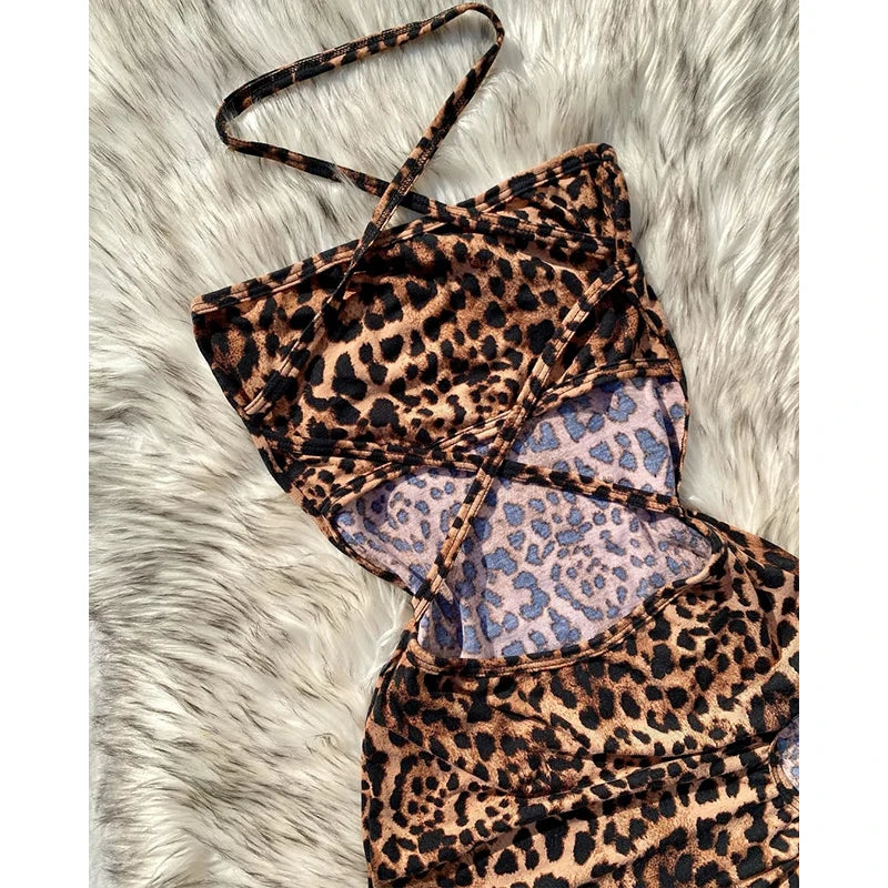 Elegant And Fashionable Women's Sexy Leopard Print Mini Dress Strapless Sleeveless Hollow Bag Hip Sexy Summer Holiday Dress