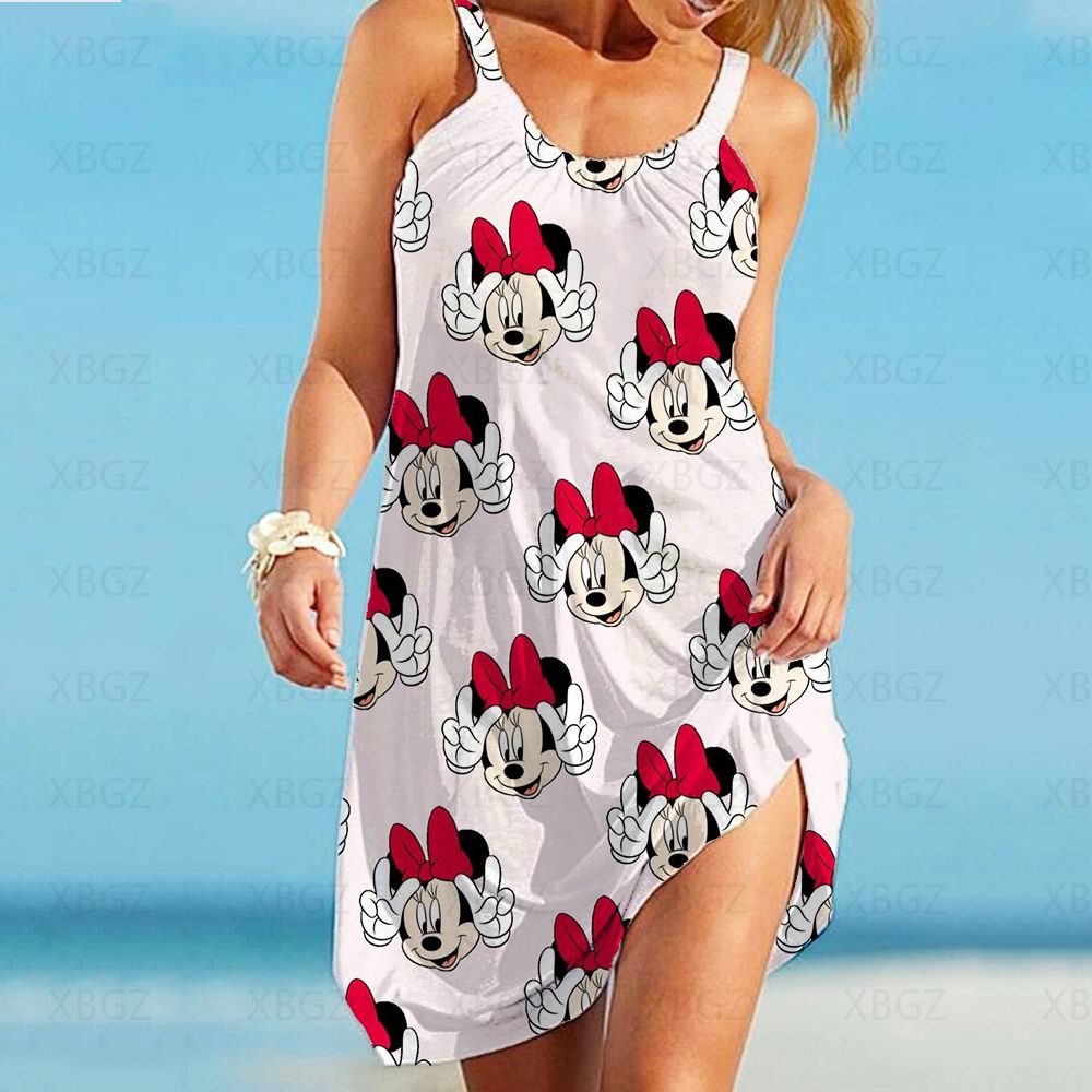 Elegant Dresses for Women Sexy 2022 Minnie Mouse Women&#39;s Dress Sling Summer Woman Beach Boho Disney Loose Print Mickey Fashion