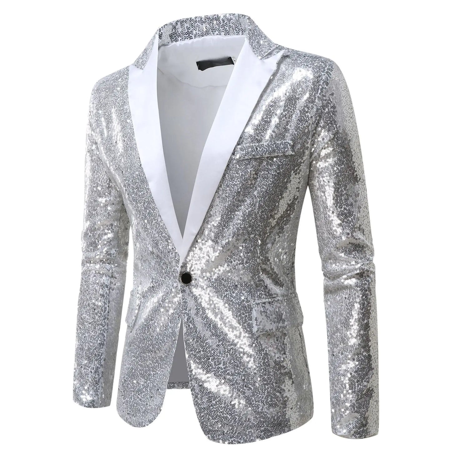 Shiny Sequin Men's Suit Jacket, Stage Performance Coat, White Silver Blue Red Purple Blazers V-neck Single Button S M L XL XXL