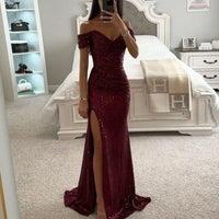 New Women Vintage Sequined V Neck Off Shoulder Slim Sexy Split Long Dress Evening Party Maxi Dresses Party Sequin Dress