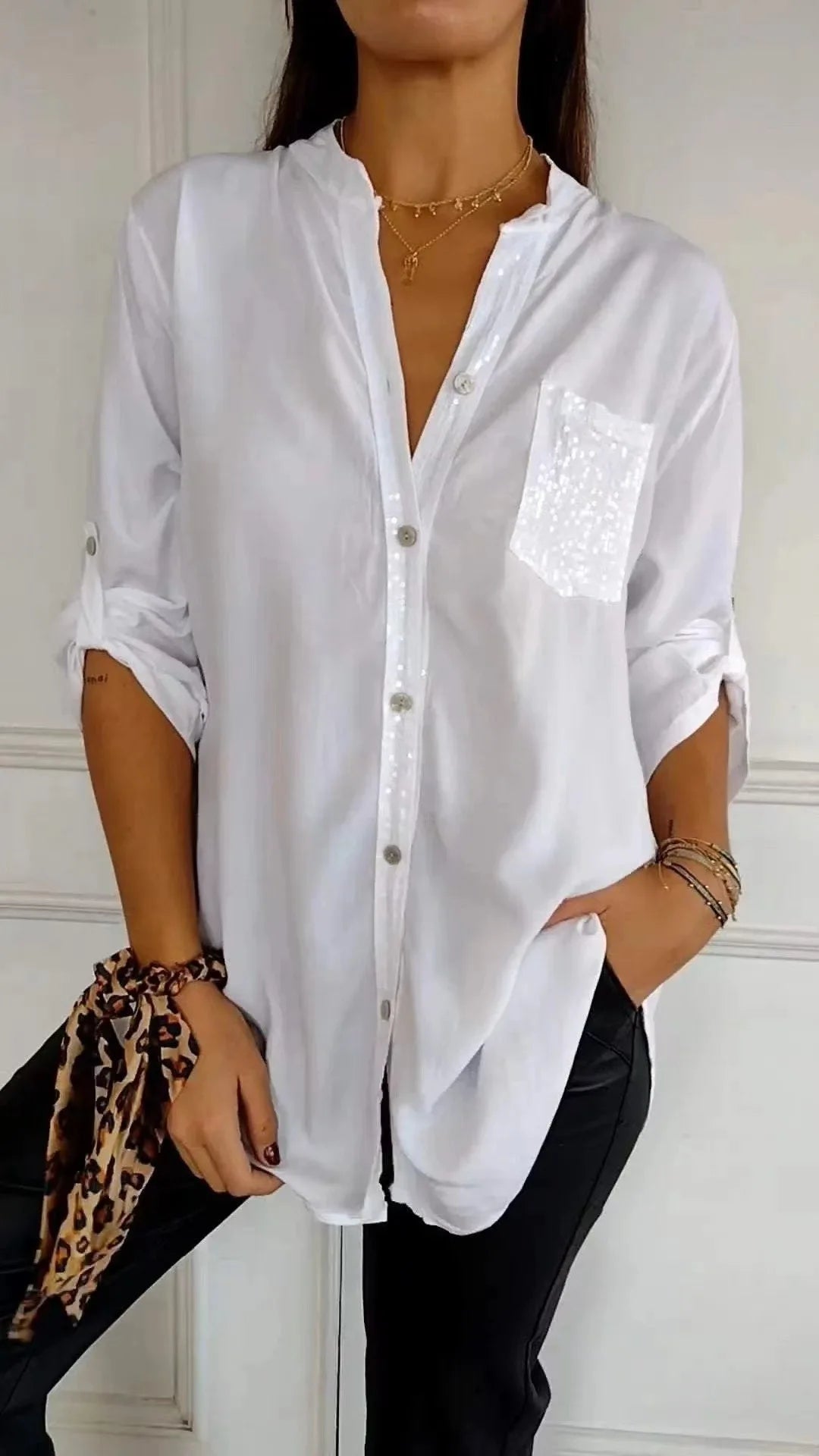 Women Pocket Sequined Blouse Shirts Summer Casual Female Button Lantern Sleeve Bling OL Workwear Blouse Tops 2025