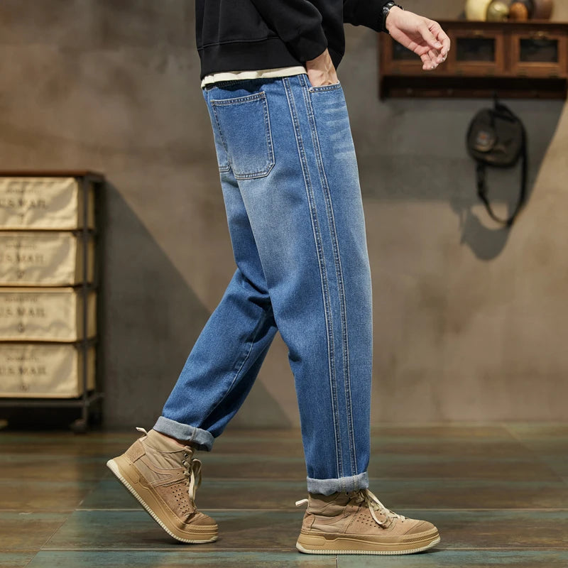 Baggy Pants Loose Fit Retro Blue Harem Pants Vintage Clothes Baggy Jeans Men Fit Harem Pants Wide Leg Fashion Pockets