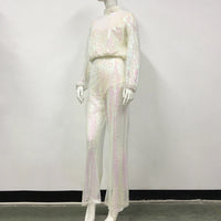 Sexy Shiny Sequins 2 Piece Set Women Outfits Lantern Sleeve Crop Top And Flare Pant Suits Rave Festival Club Party Clothing