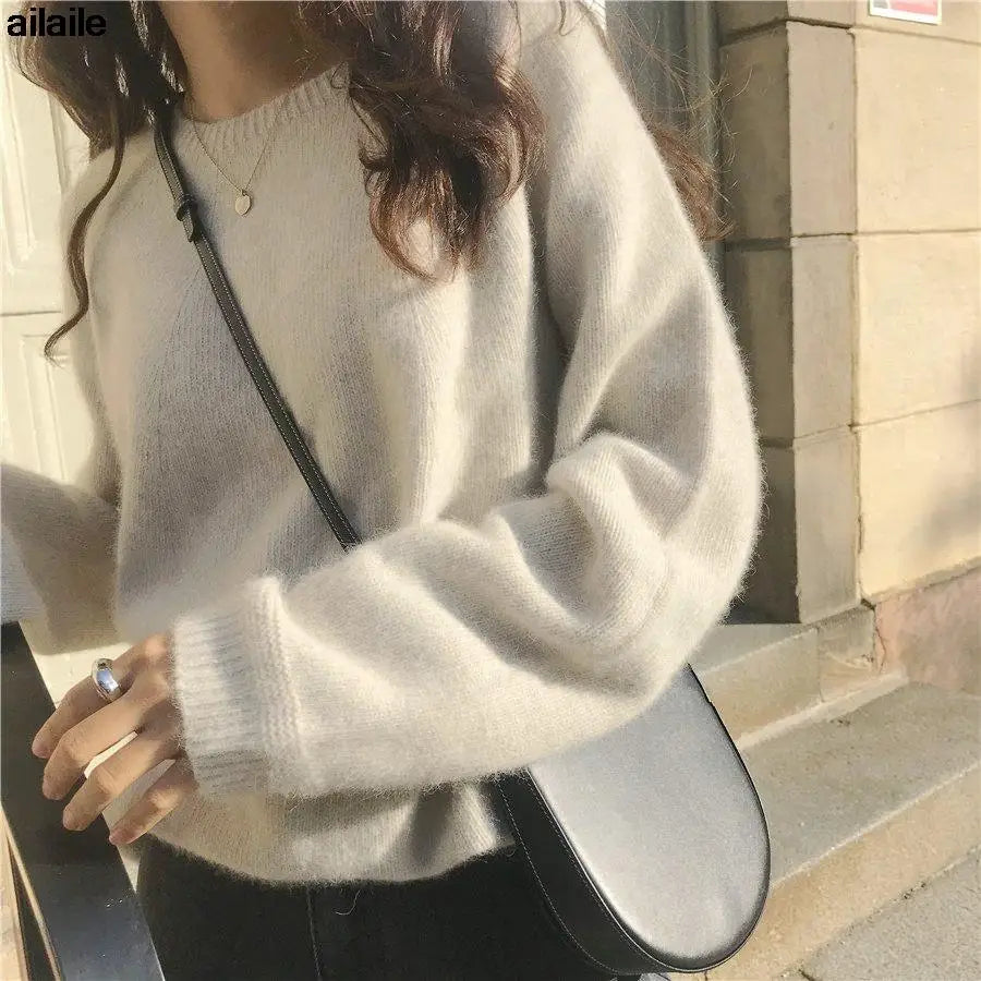 Ailaile Knit Sweater Women Long Sleeve Loose Wool Pullover Round O Neck Outer Jumper Autumn Winter Thick All Match Basic Tops