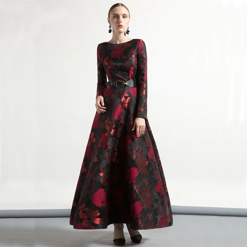 High Quality Elegant Women Long Sleeve Long Maxi Dress Fall Floral Lady Jacquard Autum Winter Dress Vintage Fashion