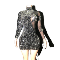 Sequin Mesh See-through Splice Party Dress Elegant Sweet Style A-line Short Skirt Long Sleeve Crystal Beaded Gown