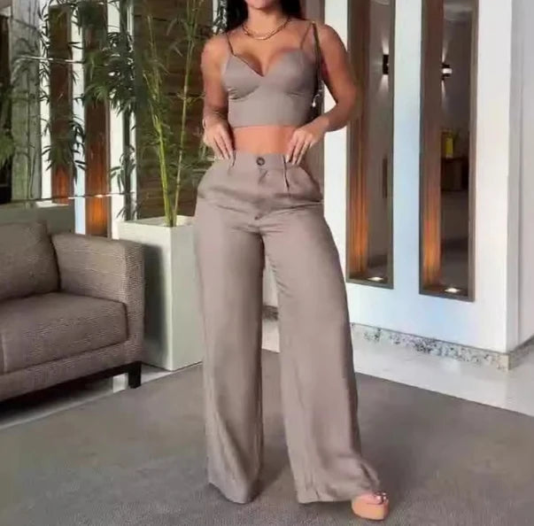Sexy Hot Girl Two Piece Set 2024 Summer Sexy V-Neck Strap Sleeveless Elastic Tank Top High Waist Wide Leg Pants Set Women's Set