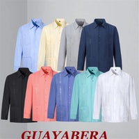 2026 New Men's Guayabera Shirts Four Pockets Embroidered Long Sleeve Shirts for Men Blue Mexican Cuban Button Dress Shirt