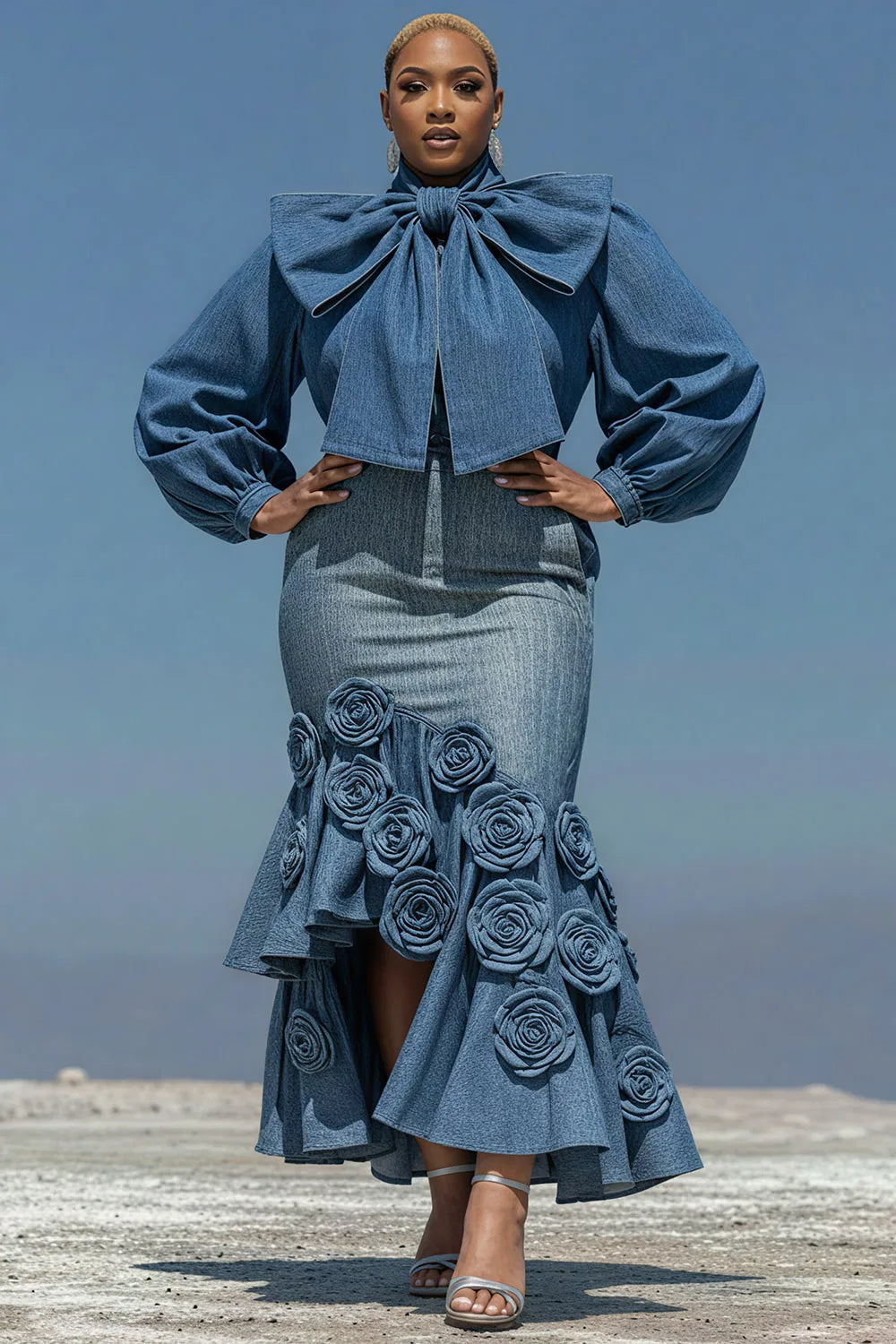 Plus Size Cocktail Party Blue Puff Sleeve Long Sleeve Bodycon Elegant Bow Tie Denim Two Piece Skirt Sets