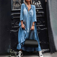 Loose Women 3/4 Sleeve Dress Vintage Tassel Plus size dress Denim apparel autumn Lace V Neck Large Hem Maxi Denim Dress