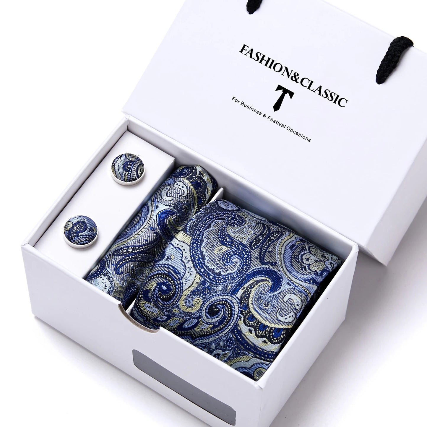 High Quality 7.5 cm Stripe Blue Tie Pocket Square Cufflinks Set For Men Gift Box Wedding Gravatas Fit Workplace