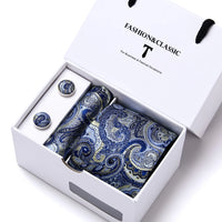 High Quality 7.5 cm Stripe Blue Tie Pocket Square Cufflinks Set For Men Gift Box Wedding Gravatas Fit Workplace