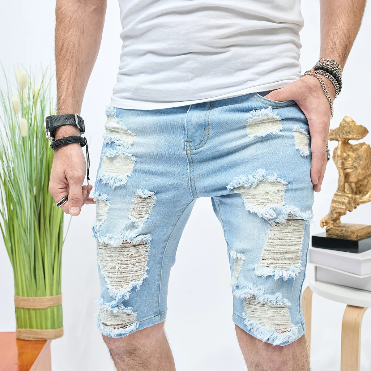 Summer Ripped Shorts Jeans Men's Hip-Hop Denim Pants Stretch Light Blue Fashion Slim Straight Male Denim Shorts