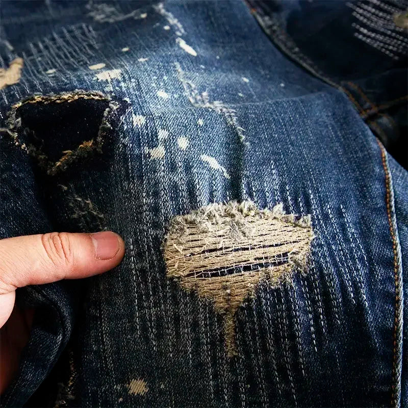 Jeans for Men Stretch Trousers Slim Fit Skinny Ripped Male Cowboy Pants Elastic Patch Broken with Holes Tight Pipe Torn Retro Xs