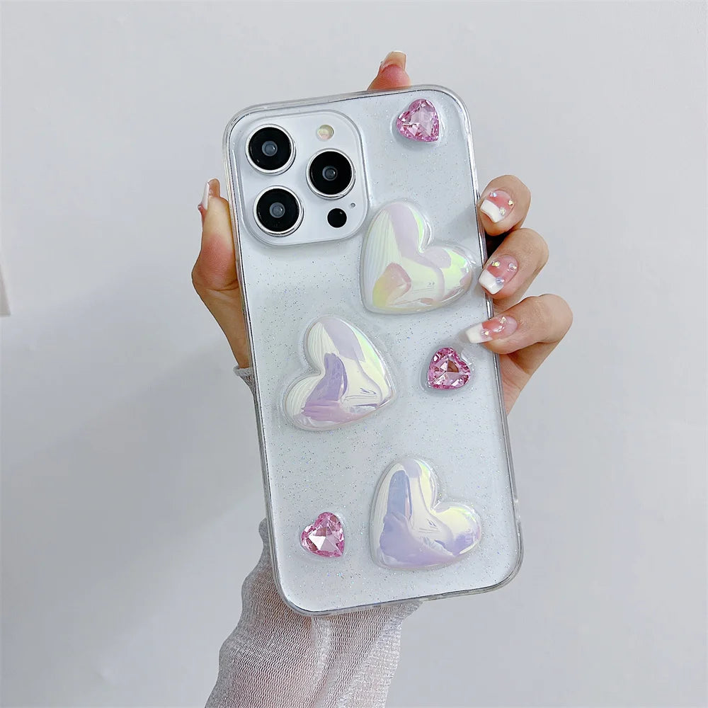 Cute 3D Laser Love Heart Glitter Sequins Clear Phone Case For iPhone 15 14 13 12 11 Pro Max X XR XS 7 8 Plus Bumper Soft Cover