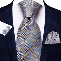 Hi-Tie Designer Silk Wedding Tie For Men Blue White Plaid Handky Cufflink Set Fashion Necktie For Men Business Party Wholesale